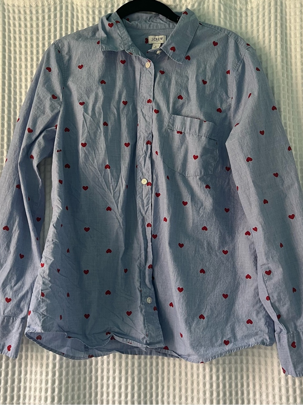 J. Crew Factory Light Blue Button-Down Shirt with Red Heart Print